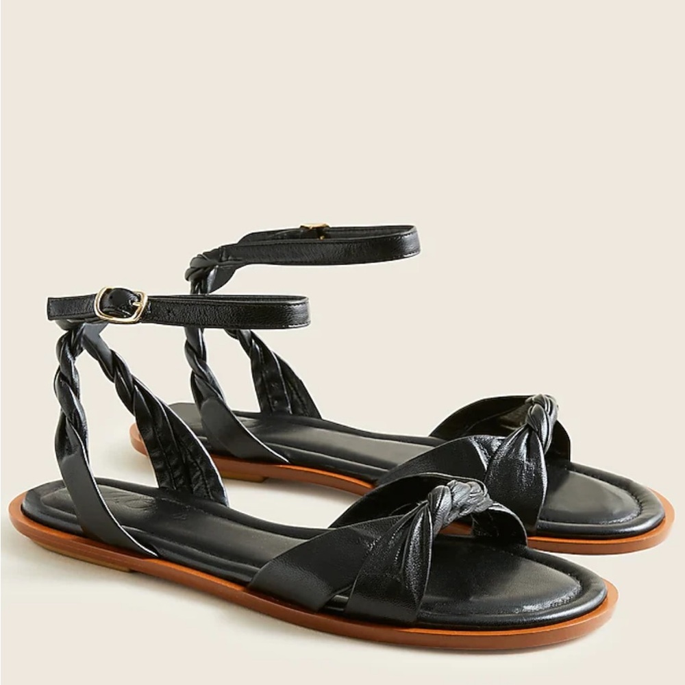 J. Crew Black Leather Knotted Ankle-Strap Flat Sandals with Tan Sole
